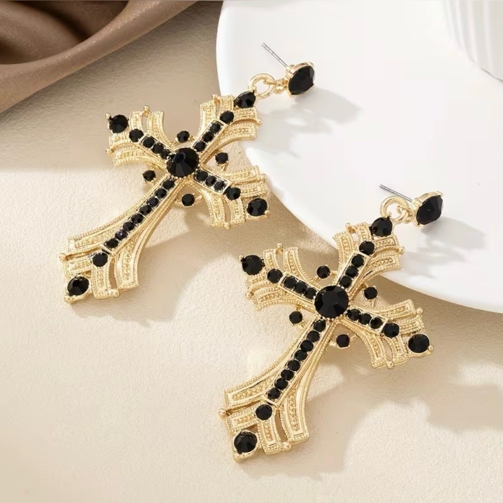 Religious Cross Earrings Gold Tone New - Picture 5 of 5
